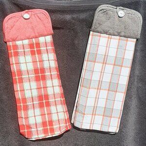 Set of 2 Handmade Hanging Kitchen Towels Plaid Red Gray 18" x 6" Cotton